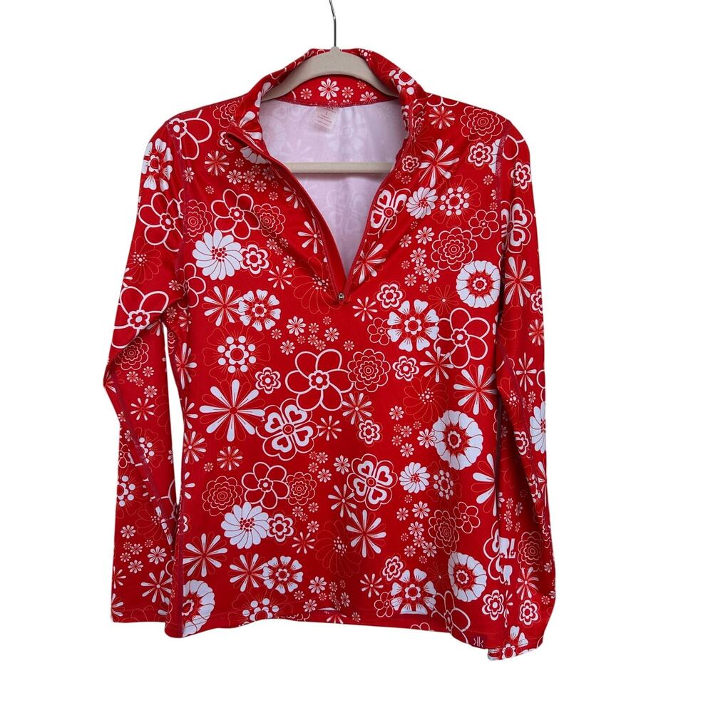 Krimson Klover Women's Girl Power Red Floral Quarter Zip Long Sleeve Baselayer S